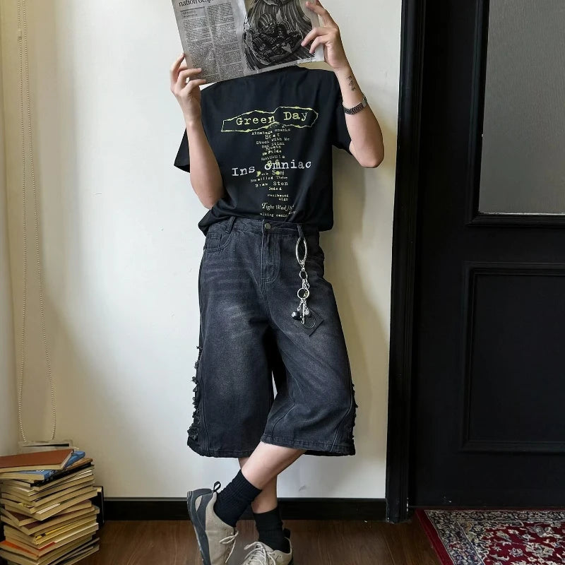 mens hip hop washed denim shorts broken hole folds burr edge street punk cowboy middle pants pockets bomber quarter pants y2k denim street jeans