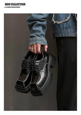 Men Streetwear Dark Black Fashion Thick Sole Platform PU Leather Casual Luxury High Street Increase Square Derby Shoes Man