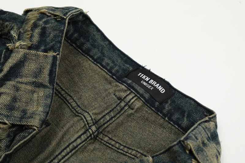 streetwear heavy craft washed distressed faded jeans flare slim straight tassel jeans for men and women raw edge denim pants unique jeans style 668