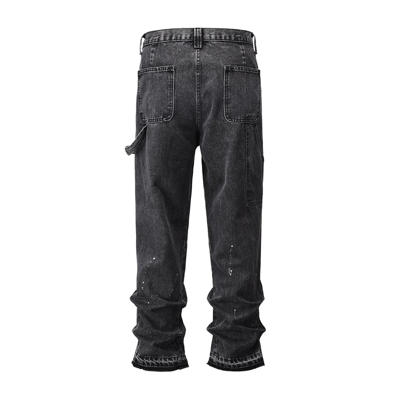 patchwork graffiti black straight denim pants mens vintage patches stitching ink splashed jeans y2k logging cargo pants for male baggy cargo bottoms