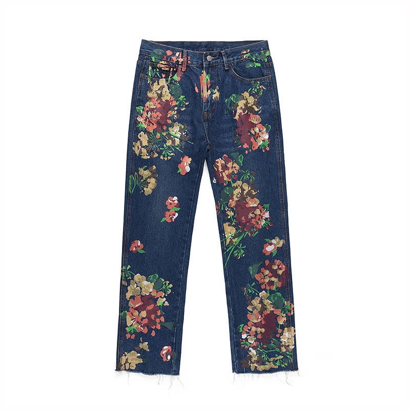 graffiti floral printed denim jean mens new casual zipper biker jeans fashion high street slim fit pants joggers hip hop jeans urban active pants