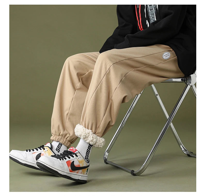 mens high street loose fit elastic waist pants winter warm fleece pants hip hop solid drawstring sportwear sweatpants joggers unique joggers style 1666