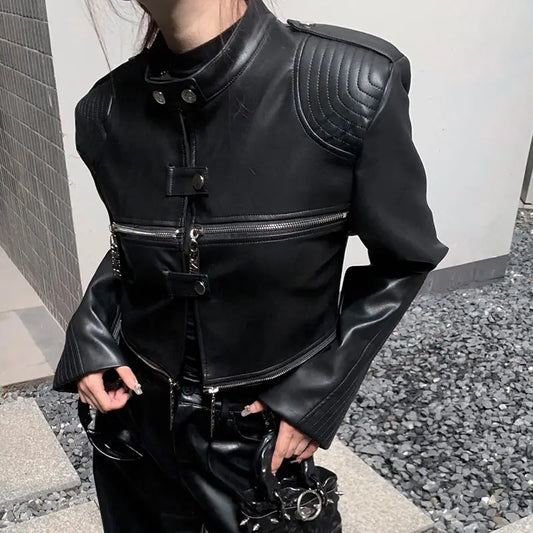 style urban essential - fashion wear oversized european-and-american-heavy-industry-multi-zipper-design-spider-web-shoulder-pad-leather-jacket-for-women-2024-new-jacket-top premium style 95b3bb casual unisex quality material streetwear graphic print design image high hop everyday hip fit streetwear design ID eb63c