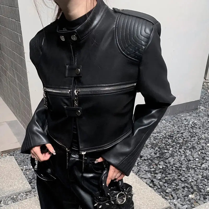 style urban essential - fashion wear oversized european-and-american-heavy-industry-multi-zipper-design-spider-web-shoulder-pad-leather-jacket-for-women-2024-new-jacket-top premium style 95b3bb casual unisex quality material streetwear graphic print design image high hop everyday hip fit streetwear design ID eb63c