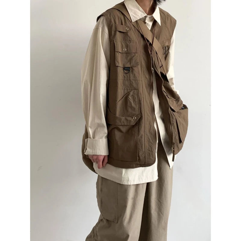 japanese street mens 3 piece set multi pocket camping vest solid cargo shirt side pockets casual pants suit couple trend set utility cargo pants