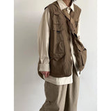 japanese street mens 3 piece set multi pocket camping vest solid cargo shirt side pockets casual pants suit couple trend set utility cargo pants