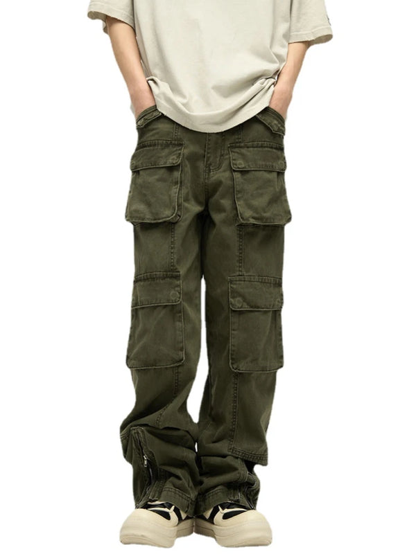 mens loose streetwear cargo straight pants high street casual bottom zipper multi pocket trousers hip hop safari style joggers streetwear sweatpants