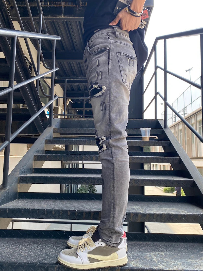knee holes patckwork skinny denim jeans mens casual button fly slim biker trousers fashion streetwear hip hop jean pants joggers streetwear sweatpants