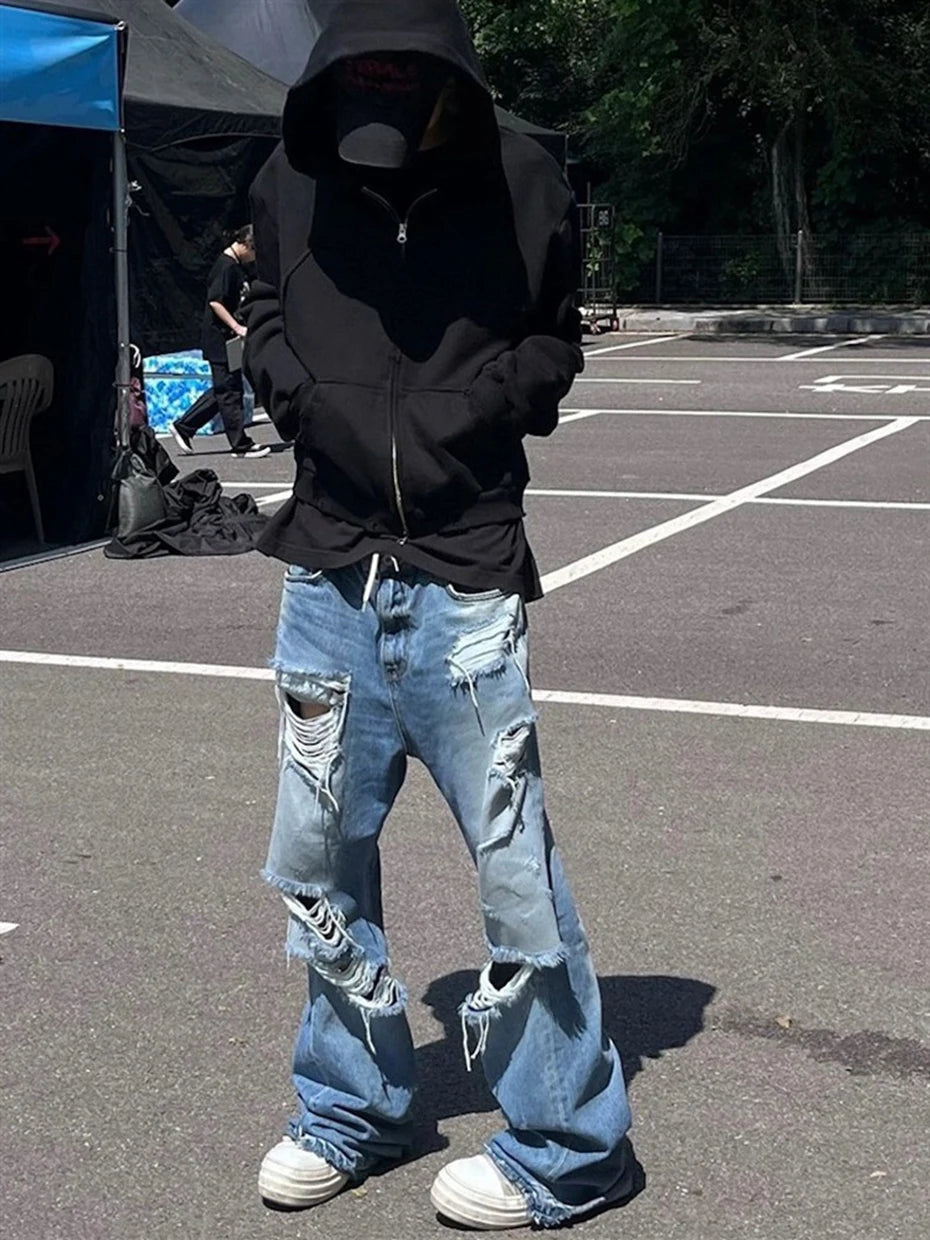 mens fashion ripped jeans blue distressed flared denim pants baggy jeans trousers male luxury designer jeans unique jeans style 5723