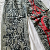street popular gothic print spot jeans men y2k new harajuku casual loose straight wide leg pants couple joker punk denim trouser unique jeans style 2767