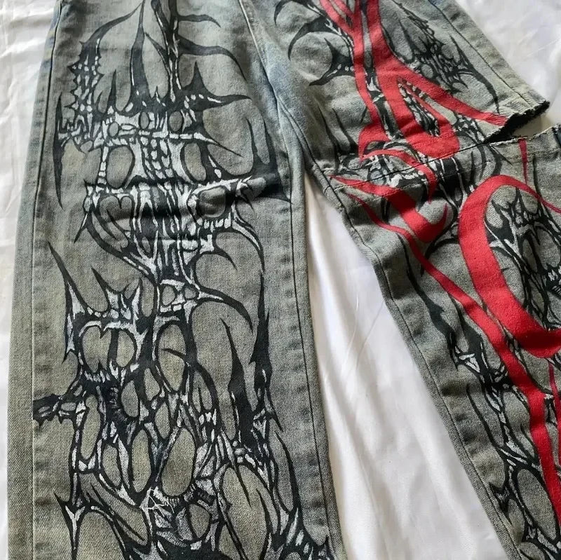 street popular gothic print spot jeans men y2k new harajuku casual loose straight wide leg pants couple joker punk denim trouser unique jeans style 2767