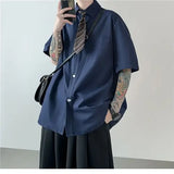 Korean style brown tie shirt men short-sleeved summer Hong Kong style y2k retro drape high-end men shirt casual versatile top