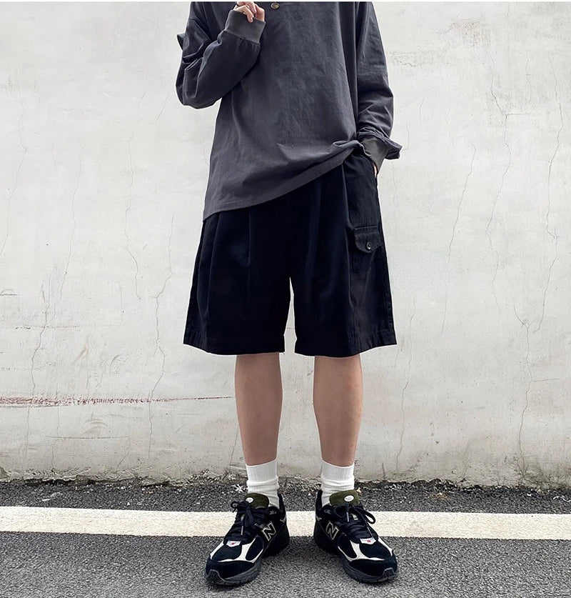 2023 Summer Retro Casual Overalls Japanese Loose All-match Casual Shorts Men Boutique Clothing Clothes for Teenagers SimpleStyle