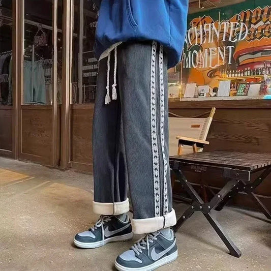 new side striped corduroy pants for men winter thickened baggy straight wide leg sweatpants y2k vintage streetwear trousers relaxed fit joggers