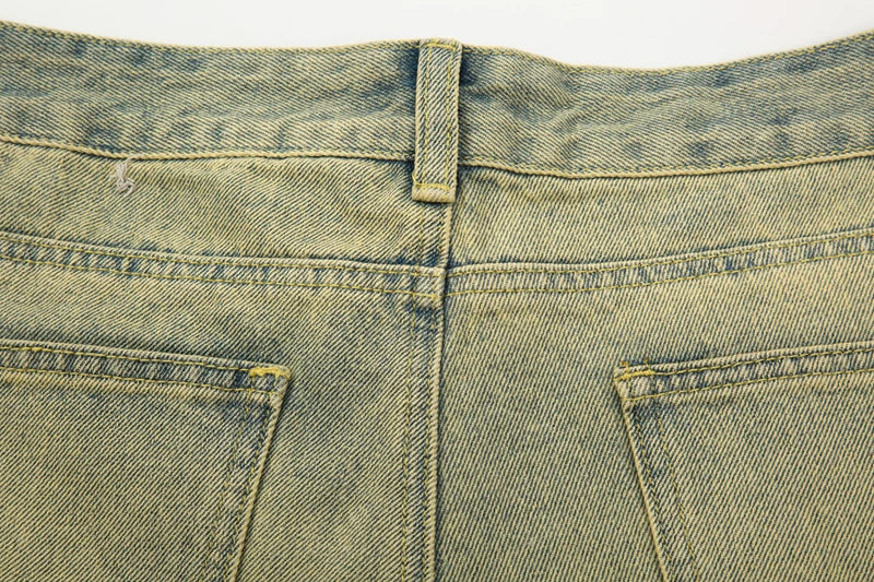 Frayed Yellow Mud Jeans Men's Harajuku Retro Straight Pockets Solid Color Baggy Casual Denim Trousers