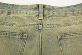 High Street Washed Hole Frayed Yellow Mud Jeans Men's Harajuku Retro Straight Pockets Solid Color Baggy Casual Denim Trousers