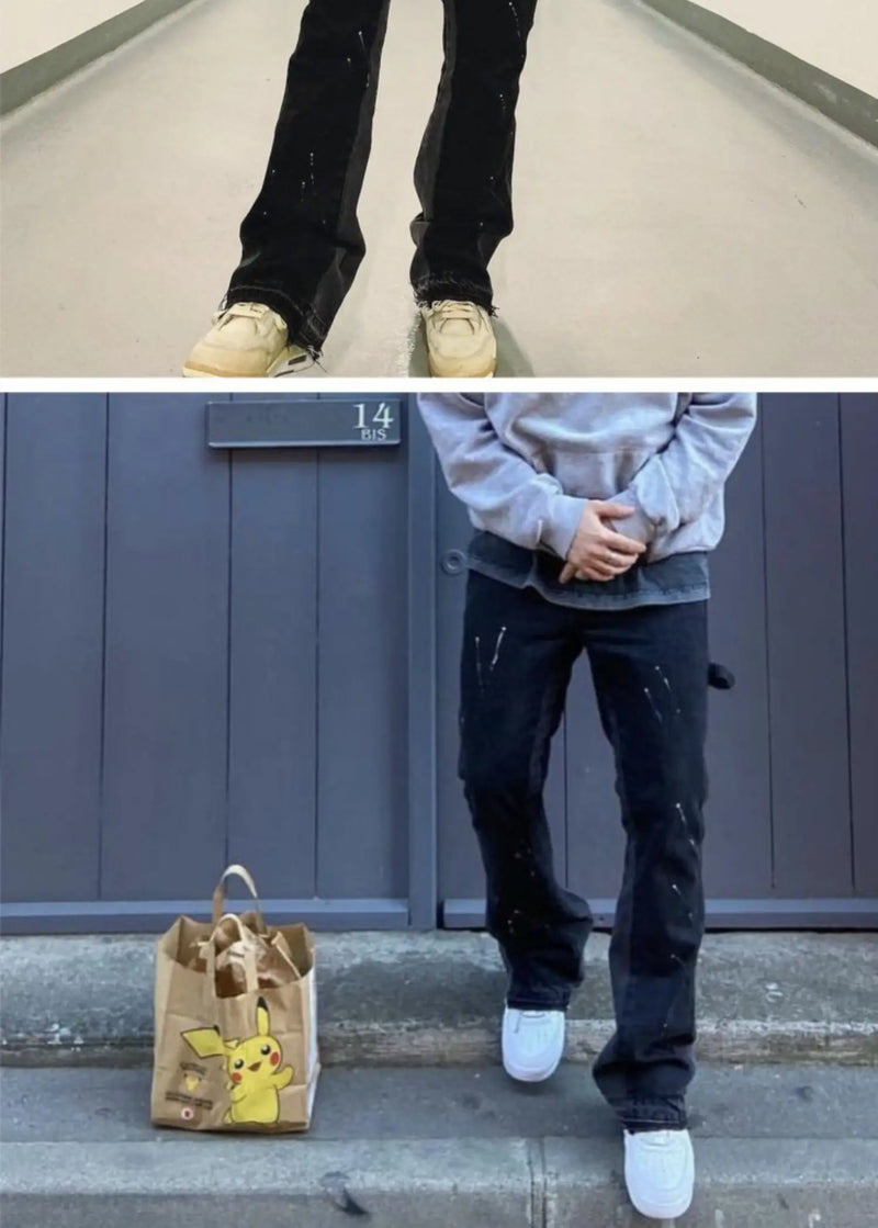 vintage streetwear flared jeans denim hip hop splashing ink wide leg jean overalls for men fashionable retro patchwork jeans y2k unique jeans style 513