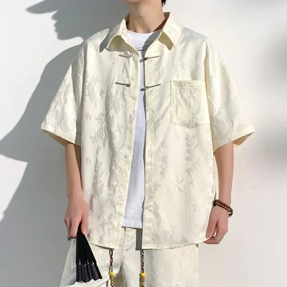 Mens Chinese Loop Buckle Jacquard Design Shirt Daily Casual Personality Versatile Loose Short-sleeve Tops Unisex 2024 Summer