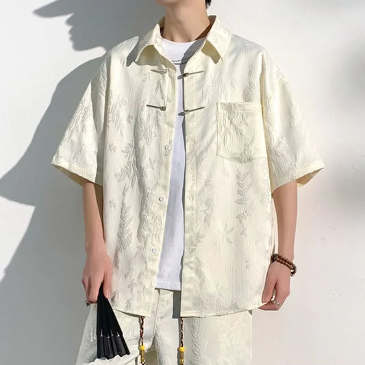 Mens Chinese Loop Buckle Jacquard Design Shirt Daily Casual Personality Versatile Loose Short-sleeve Tops Unisex 2024 Summer