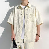 Mens Chinese Loop Buckle Jacquard Design Shirt Daily Casual Personality Versatile Loose Short-sleeve Tops Unisex 2024 Summer