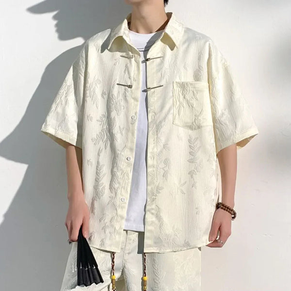 Mens Chinese Loop Buckle Jacquard Design Shirt Daily Casual Personality Versatile Loose Short-sleeve Tops Unisex 2024 Summer
