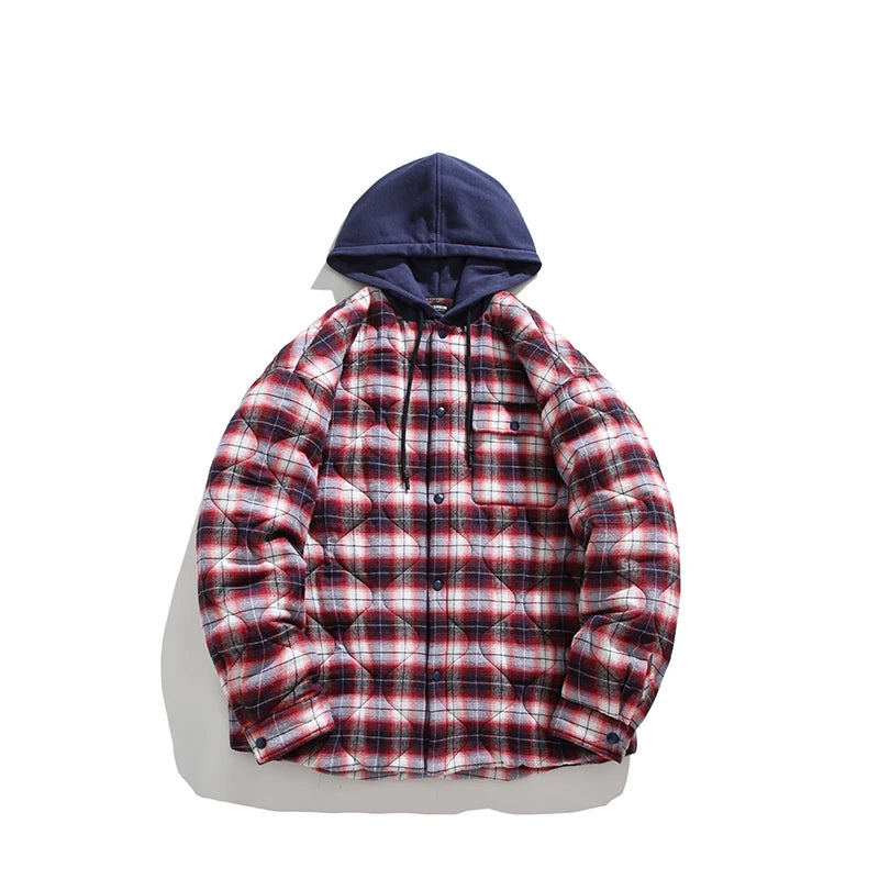 Winter Quilted Thick Plaid Hooded Jacket Men Wmen Streetwear Fashion Oversize Loose Casual Hoody Jacket Padded-cotton Parka Coat