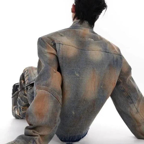 mens denim jacket jeans wilderness construction site style distressed washed holes street wear fashion versatile mens wear 2024 stacked flare jeans