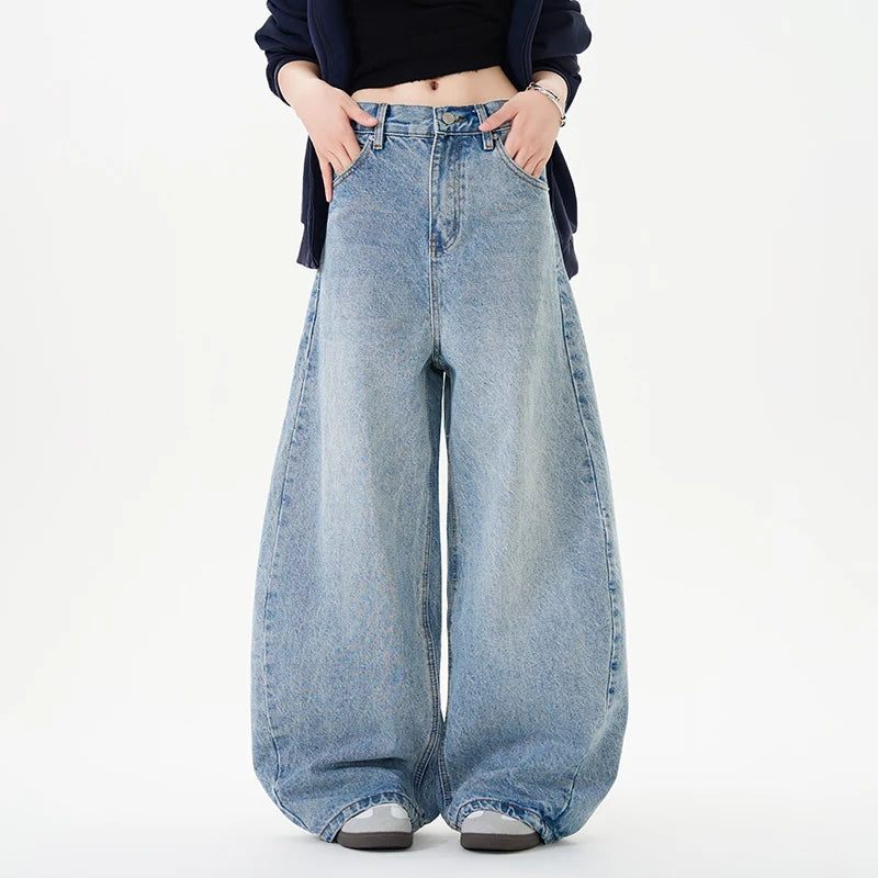 Men Women American Streetwear Vintage Washed Denim Loose Casual Wide Leg Baggy Jeans Couple Harem Jeans Trousers