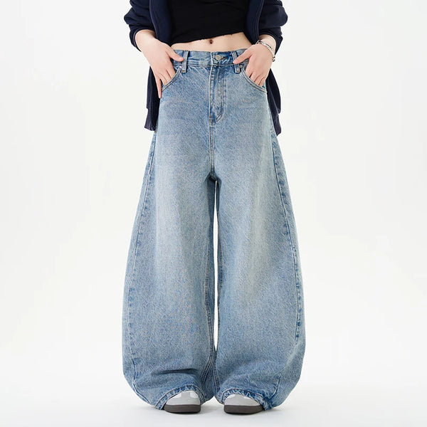 Men Women American Streetwear Vintage Washed Denim Loose Casual Wide Leg Baggy Jeans Couple Harem Jeans Trousers