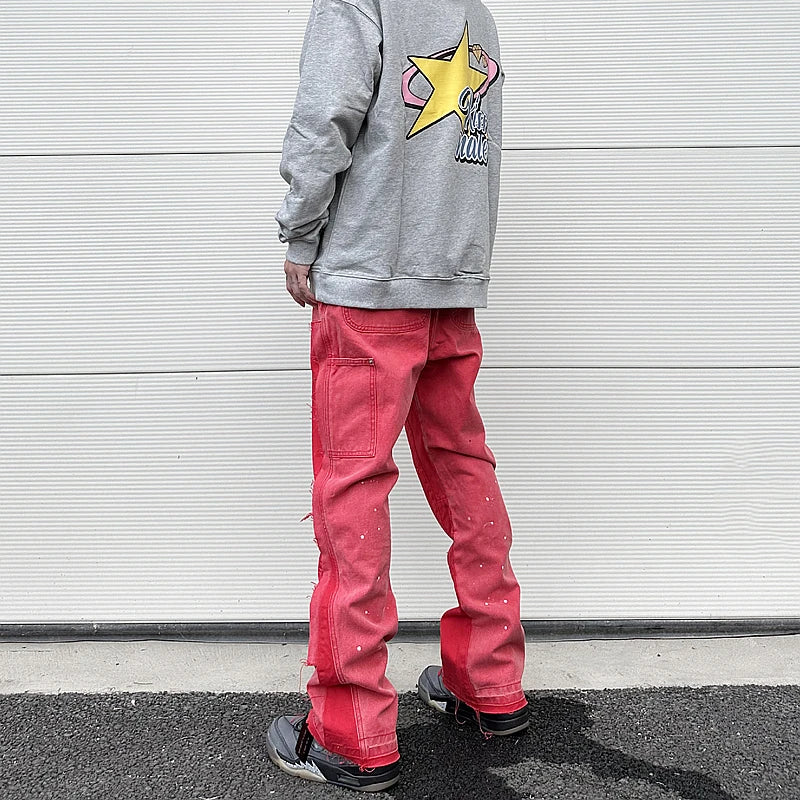 color washed denim mens jeans pants fashion graffiti patchwork loose biker red jeans streetwear hip hop casual straight pants unique jeans style 5175