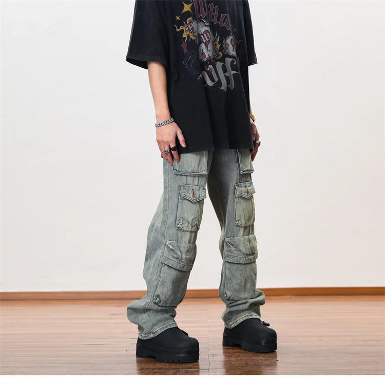 hip hop cargo denim pants streetwear plain denim pants mens harajuku cotton casual joggers jeans loose straight pants trousers unique joggers style 3858