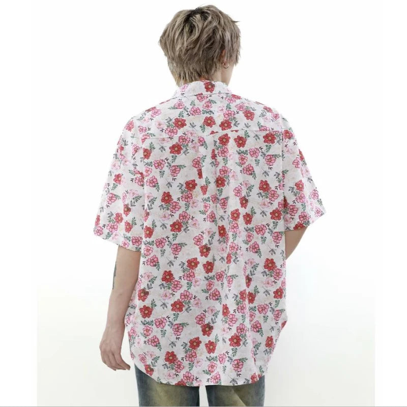 summer harajuku set mens flower print casual short sleeved top gradient straight leg jeans 2 pcs set high street trendy suit ripped baggy denim