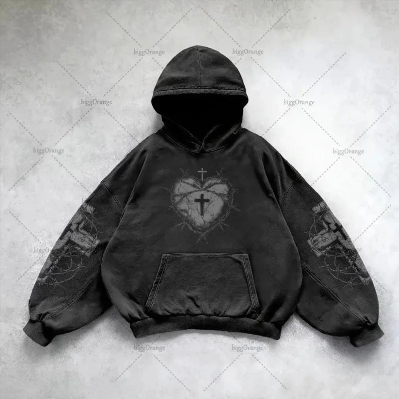 Gothic Punk Style Y2K Harajuku Retro Hoodie Cross Hip-hop Casual Loose Oversized Sweatshirt