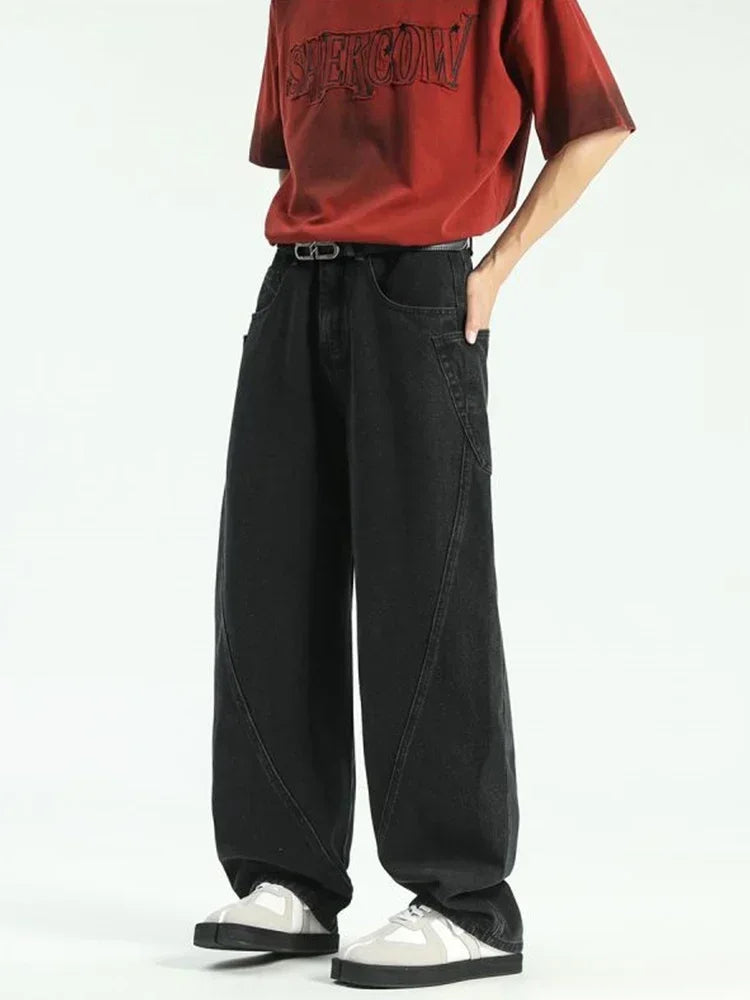 new vintage men s patchwork baggy jeans draped straight leg denim trousers autumn korean fashion high street casual y2k jean unique jeans style 552
