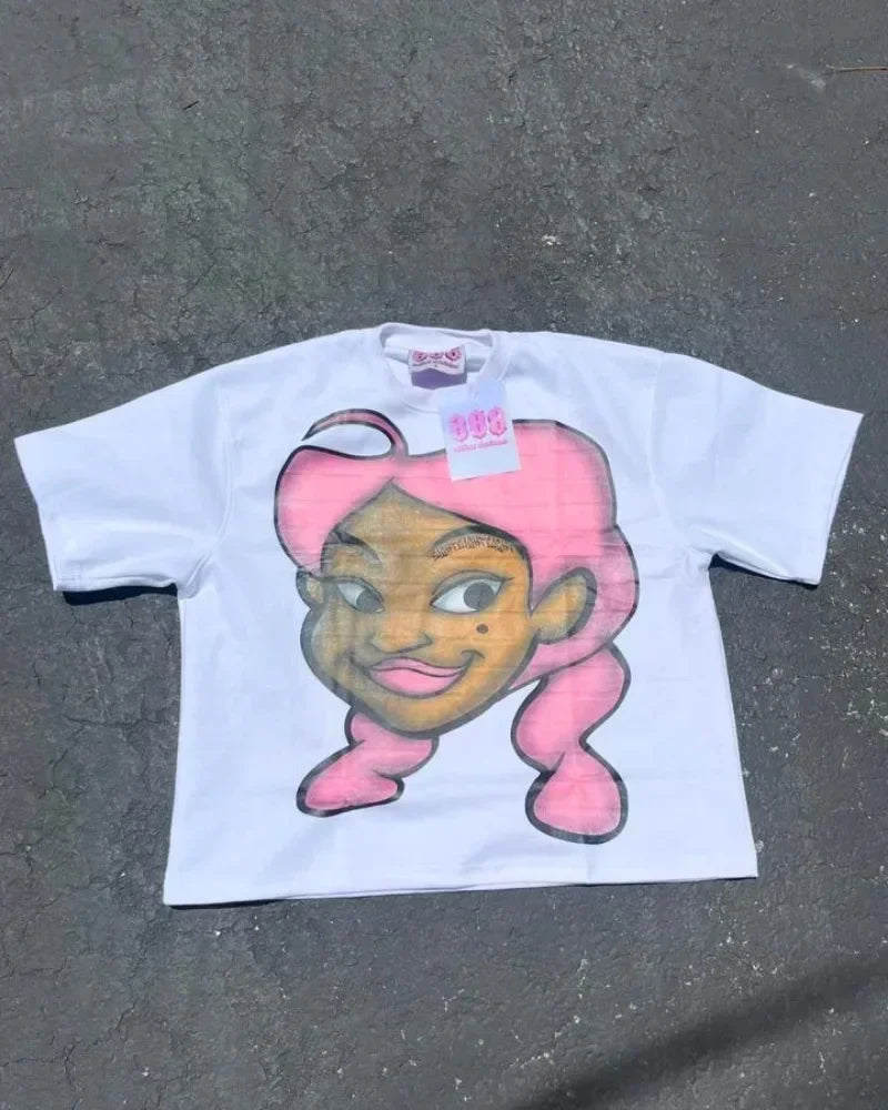 Y2K Graffiti Print T-Shirt – Retro Flame Tag Urban Streetwear
