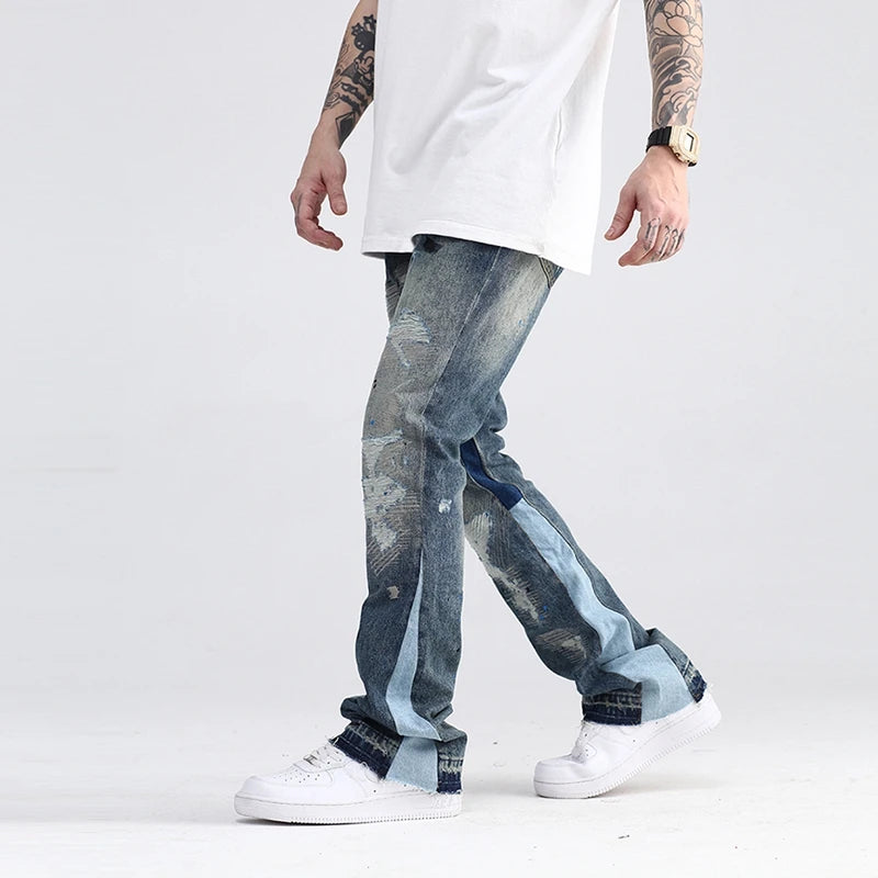 blue speckle ink washed destroyed flared jean pants hip hop graffiti ripped denim jeans for men streetwear vintage wide jeans unique jeans style 4456