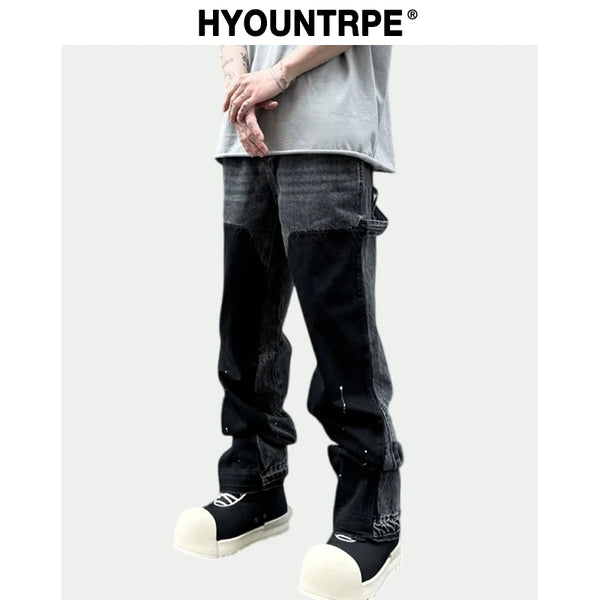 retro washed denim mens jeans pants fashion graffiti patchwork loose biker black jeans streetwear hip hop casual straight pants ripped baggy denim