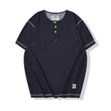 Glitchcore Melting smiley – Denim Blue Knitted Henry Collor T Shirt Men Vintage Topstitc