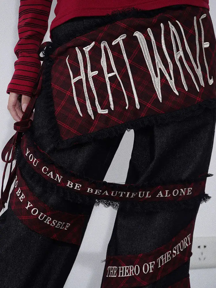 embroidered patchwork red checkered multi pocket jeans with high waist and slimming effect floor length pants baggy jeans women unique jeans style 2588