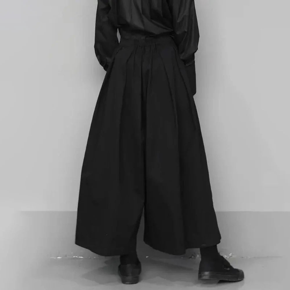 trendy gothic loose casual culottes mens japanese wide leg pants new oversize design streetwear dark black trousers male clothes clean everyday pants