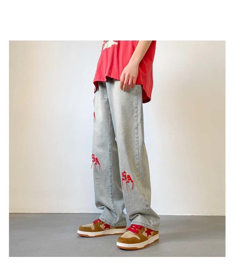 2023 summer new fashion retro embroidery jeans loose straight leg pants versatile wide leg pants boutique clothing simple style unique jeans style 3950
