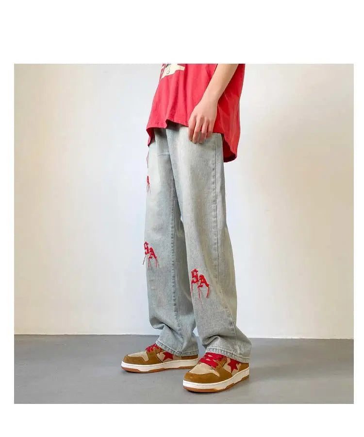 2023 summer new fashion retro embroidery jeans loose straight leg pants versatile wide leg pants boutique clothing simple style unique jeans style 3952