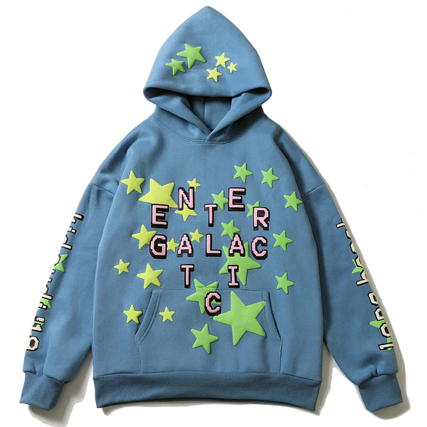 High Street Letter Foam Stars Print Mens And Womens Fleece Hoodie Retr