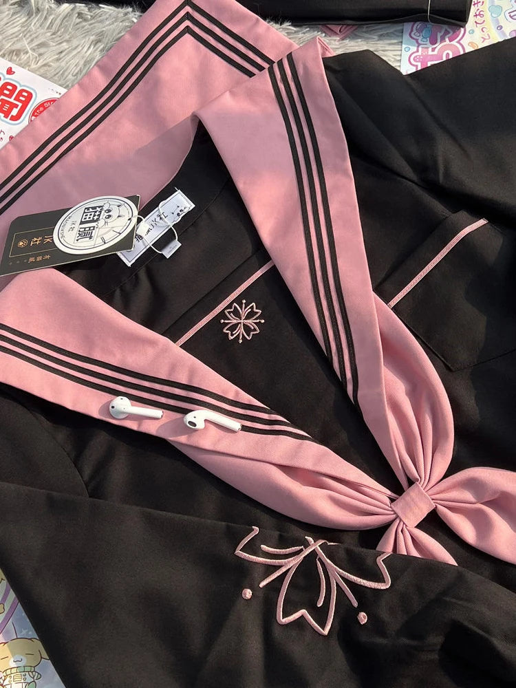 JK Original Kawaii Suit Japanese Genuine Cherry Blossom Embroidered Top + Dark Bad Jk Uniform Skirt Girly Sailor Suit