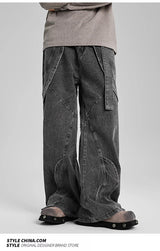 american high street vibe fashion splice jeans mens belt loose casual vintage wide leg straight denim baggy jeans pants trouser unique jeans style 1461