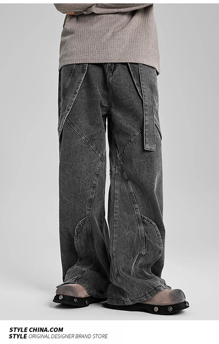 american high street vibe fashion splice jeans mens belt loose casual vintage wide leg straight denim baggy jeans pants trouser unique jeans style 1461