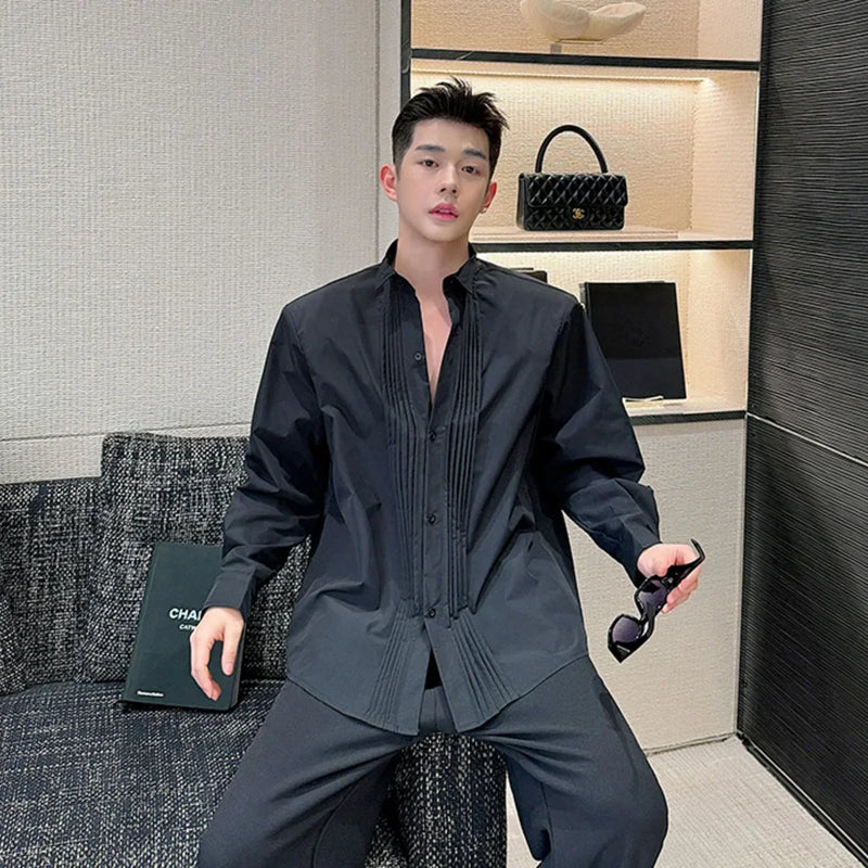 Men French Vintage Fashion Business Casual Long Sleeve Loose Dress Shirts Man Korean Streetwear Party Shirt Blouses