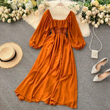 Chic Elegant Square Collar Maxi Dress Women Solid Chiffon Puff Sleeve Dresses 2023 Korean Fashion Vintage Ruffle Vestidos