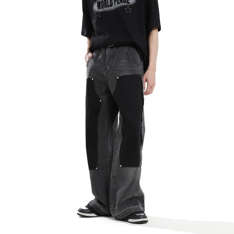 hip hop graffiti black wide leg jeans mens vintage distressed patches ink splashed jeans y2k logging cargo denim trousers women military streetwear pants