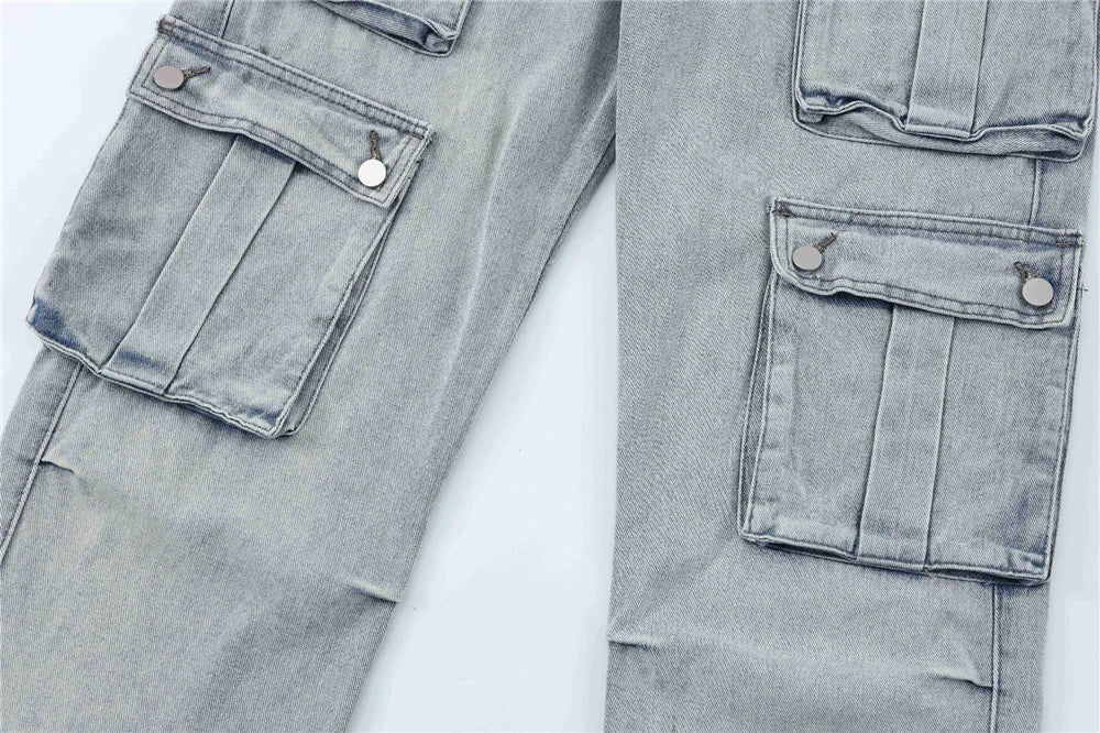 2024 multi pocket jeans vintage mens harajuku cargo denim pants retro hip hop straight loose jean pants unique cargo style 909